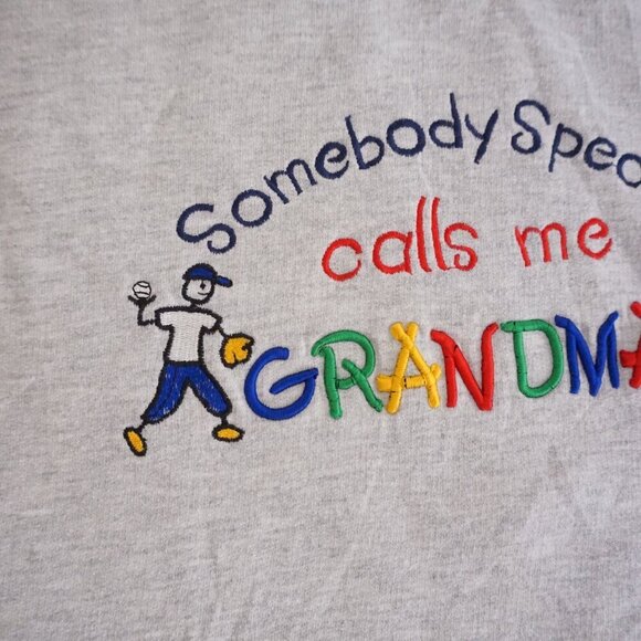 Vintage '90s Jerzees Grandmacore Embroidered Kids Gray Cotton Crewneck Sweater L - Picture 8 of 10